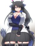  1girl black_dragon_(kemono_friends) black_hair breasts c: cleavage coat doctor dragon_girl dragon_horns dragon_tail elbow_gloves fingerless_gloves gloves grey_eyes grey_horns highres horns huge_breasts kemono_friends kemono_friends_3 lab_coat long_hair looking_at_viewer mo23 multicolored_horns multiple_horns open_clothes open_coat purple_horns shirt simple_background skirt smile solo stethoscope tail thick_thighs thighhighs thighs white_coat 
