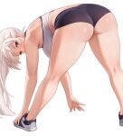  1girl ass bare_shoulders bent_over black_shorts blush breasts brown_eyes highres iwbitu large_breasts long_hair looking_back nyopu original ponytail shoes short_shorts shorts sidelocks sneakers solo sports_bra stretching thick_thighs thighs white_hair white_sports_bra 