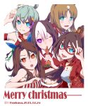  5girls absurdres armband artist_name blue_eyes brown_hair carrot christmas collared_shirt commentary_request dated domino_mask eating el_condor_pasa_(umamusume) english_text food frown golden_generation_(umamusume) grass_wonder_(umamusume) green_hair grey_shirt hair_ornament hanekawatsubasa-56 highres holding holding_food horse_girl king_halo_(umamusume) long_hair mask medium_hair merry_christmas midriff multicolored_hair multiple_girls navel one_eye_closed open_clothes open_mouth open_shirt parted_lips partial_commentary ponytail red_eyes red_shirt red_skirt seiun_sky_(umamusume) shirt short_hair skirt sleeveless sleeveless_shirt smile special_week_(umamusume) two-tone_hair umamusume v waving white_hair 