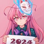 1girl 2024 blue_fire bow chunjiu closed_mouth fire fox_mask green_shirt hata_no_kokoro highres holding holding_sign long_hair looking_at_viewer mask neck pink_background pink_eyes pink_hair plaid plaid_shirt purple_bow shirt sign simple_background star_button touhou white_mask 