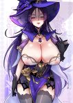  1girl bangs black_gloves book breasts capelet cleavage cosplay covered_nipples curvy dress fate/grand_order fate_(series) genshin_impact gloves hat highres huge_breasts jewelry lace-trimmed_legwear lace_trim lisa_(genshin_impact) lisa_(genshin_impact)_(cosplay) long_hair looking_at_viewer minamoto_no_raikou_(fate/grand_order) parted_bangs parted_lips pendant purple_capelet purple_dress purple_eyes purple_hair purple_headwear solo thighhighs tinnies very_long_hair witch_hat 