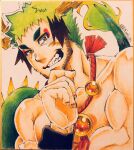  1boy bara beard_stubble colored_pencil_(medium) dragon_boy dragon_horns dragon_tail eyeliner green_hair hand_on_own_chin highres horns large_hands large_pectorals looking_at_viewer makeup male_focus mature_male monster_boy multicolored_hair muscular muscular_male nude original pectorals photo_(medium) red_eyeliner smirk solo spiked_tail streaked_hair tail thick_eyebrows traditional_media upper_body yuka_michi_(to5michi) 