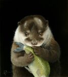 animal animal_focus black_background commentary_request dated dutch_commentary fish highres holding holding_animal holding_fish looking_at_viewer no_humans original otter painting_(medium) realistic simple_background suzan_visser traditional_media upper_body 