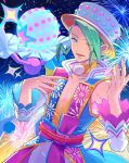  1boy blacephalon collarbone detached_sleeves fireworks green_eyes green_hair hat highres looking_at_viewer male_focus official_alternate_costume pokemon pokemon_(creature) pokemon_masters_ex sash tsu_(md_tsune) wallace_(new_year&#039;s_2024)_(pokemon) wallace_(pokemon) wide_sleeves 