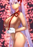  1girl areolae artist_request bangs bb_(fate)_(all) bb_(swimsuit_mooncancer)_(fate) breasts covered_nipples dark_skin fate/grand_order fate_(series) gloves hair_ribbon large_breasts long_hair looking_at_viewer navel neck_ribbon nude parted_lips purple_eyes purple_hair red_ribbon ribbon tan thighs very_long_hair white_gloves 