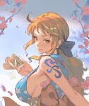  1girl armpit_crease bare_shoulders blue_kimono blue_ribbon breasts cherry_blossoms closed_mouth commentary earrings floral_print from_side hair_ribbon hand_up holding holding_money japanese_clothes jewelry jimbobox kimono large_breasts long_hair looking_at_viewer looking_to_the_side low_ponytail money nami_(one_piece) official_alternate_costume official_alternate_hairstyle one_piece orange_eyes orange_hair pearl_earrings print_kimono ribbon sash shoulder_tattoo sideboob sidelocks signature sleeveless sleeveless_kimono solo tattoo wavy_hair 