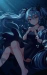  1girl absurdres air_bubble bare_legs barefoot black_dress blue_eyes blue_hair blush bubble collarbone commentary dress earrings expressionless fingers_together floating hatsune_miku highres jewelry long_hair looking_at_viewer shinkai_shoujo_(vocaloid) steepled_fingers twintails u-ni_(artuni) underwater vocaloid 