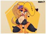 &lt;3 absurd_res accessory activision anthro bandicoot big_breasts black_bra black_clothing black_panties black_underwear bra breasts cleavage clothed clothing coco_bandicoot crash_bandicoot_(series) digital_drawing_(artwork) digital_media_(artwork) ear_piercing fangs female fishnet fishnet_legwear flower flower_in_hair hair hair_accessory half-closed_eyes hi_res legwear looking_at_viewer mammal marsupial multicolored_body narrowed_eyes navel open_mouth open_smile panties piercing plant ponytail presenting presenting_breasts smile solo supergal64 teeth thick_thighs thigh_highs tied_hair underwear