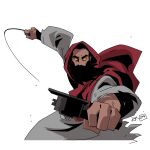  1boy beard beyblade beyblade_(object) black_hair character_request facial_hair hood hooded_robe looking_at_viewer orange_eyes red_hood ripcord robe short_hair simple_background solo the_bible toy tskmartinsen white_background white_robe 