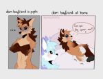 2023 anthro artist_name blue_body blue_eyes blue_fur blush brown_body brown_fur canid canine crossed_arms dialogue digital_media_(artwork) duo english_text fox fur looking_at_another male mammal maned_wolf nude speech_bubble spraykitty tail tail_motion tailwag text