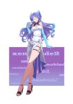  1girl alternate_costume blue_gloves blue_hair breasts brighid_(xenoblade) chest_jewel commentary copyright_name dress elbow_gloves fiery_hair fire full_body gloves gradient_hair hand_fan hehe_jun highres holding holding_fan long_hair looking_at_viewer medium_breasts multicolored_hair one_eye_closed purple_hair smile thigh_strap toes unusually_open_eyes white_dress xenoblade_chronicles_(series) xenoblade_chronicles_2 