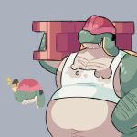 anthro appletun belly blue_eyes body_hair chest_hair clothing construction_worker crop_top generation_8_pokemon green_body hairy_arms hi_res male navel nintendo onlyygaru overweight pokemon pokemon_(species) shirt smile solo tank_top topwear torn_clothing yellow_sclera