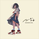  1girl air_jordan from_below haluchilu highres original school_uniform serafuku shoes sneakers solo uniform yellow_background 