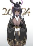  1girl 2024 :o absurdres alternate_costume animal_ears black_choker black_hair black_kimono blue_archive blush breasts choker cleavage dark-skinned_female dark_skin dragon_print fake_animal_ears flower gloves hair_flower hair_ornament halo highres huge_breasts japanese_clothes karin_(blue_archive) kimono large_breasts looking_at_viewer mark_jin own_hands_together pelvic_curtain rabbit_ears sidelocks simple_background solo white_background white_gloves wide_sleeves yellow_eyes 