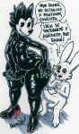 anthro blush bodily_fluids canid canine canis clothing drooling footwear hi_res high_heels humor lagomorph leporid male male/male mammal parasitedeath rabbit rabbit_(parasitedeath) saliva shoes size_difference spanish_text spanking sweat teasing text wolf wolf_(parasitedeath) 