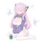  1girl absurdres alcohol azur_lane beer beer_can blue_dress braid breasts bug butterfly butterfly_hair_ornament can cleavage cleavage_cutout closed_eyes clothing_cutout dress drink_can drunk flying_sweatdrops full_body garter_straps gloves hair_ornament hair_over_one_eye haruiroto highres large_breasts long_hair long_sleeves louisville_(azur_lane) miniskirt parted_lips pink_hair simple_background sitting skirt smile solo thighhighs white_background white_garter_straps white_gloves white_skirt white_thighhighs 