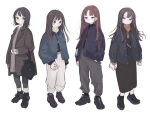  4girls absurdres bag black_eyes black_footwear black_hair black_pantyhose blush brown_hair closed_mouth coat full_body hand_in_pocket highres jacket long_hair long_sleeves looking_at_viewer multiple_girls open_clothes open_jacket original pants pantyhose shoes short_hair simple_background sleeves_past_wrists sneakers socks standing sweater turtleneck turtleneck_sweater white_background yunoki_itsugu 