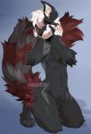 2023 anthro artist_name black_body black_fur black_nose blue_background digital_media_(artwork) fingerless_(marking) fluffy fluffy_tail fur grey_body grey_fur hi_res inner_ear_fluff kneeling looking_at_viewer male navel nude red_body red_fur simple_background smile solo spraykitty tail tuft white_body white_fur