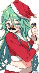  1girl alternate_costume bangs commentary_request funny_glasses fur-trimmed_shirt fur_trim glasses green_eyes green_hair hair_between_eyes hair_ornament hairclip hat highres kantai_collection laco_soregashi long_hair looking_at_viewer midriff parted_bangs party_popper red_headwear red_shirt santa_costume santa_hat shirt sidelocks simple_background solo white_background yamakaze_(kantai_collection) 