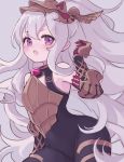  1girl :o bangs bare_shoulders black_bodysuit black_sleeves blush bodysuit detached_sleeves eyebrows_visible_through_hair hair_between_eyes headpiece highres karunabaru long_hair looking_at_viewer medusa_(shingeki_no_bahamut) open_mouth red_eyes shadowverse silver_hair solo very_long_hair 