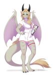  2020 3_toes anthro biped breasts clipboard clothed clothing deerstail dragon green_eyes hi_res horn membrane_(anatomy) membranous_wings nurse nurse_uniform simple_background solo standing toes uniform white_background wings yorshka zipper 