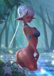  1girl arched_back armlet armor ass bangs bathing belly_chain bikini bikini_armor blue_bikini braid breasts chain collar dark_elf dark_skin elf fireflies flower forest from_side hair_bun hand_on_own_chest highres hnml55 jewelry large_breasts lily_(flower) long_hair looking_at_viewer micro_bikini nature night open_mouth original outdoors pointy_ears pond pubic_tattoo purple_eyes ring solo swimsuit tattoo thigh_strap tongue tongue_out very_long_hair wading water wet white_hair 