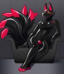 anthro black_body canid canine chastity_bulge chastity_device clothing drone dronesuit fox hacony hi_res latex latex_clothing lock_bulge male mammal multi_tail null_bulge rubber_suit sitting solo tail