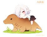  1girl ark_survival_evolved ars_almal barefoot black_skirt blush chibi closed_eyes dinosaur full_body girl_on_top grass moca_soon nijisanji shirt short_hair skirt solo transparent_background virtual_youtuber white_hair white_shirt 