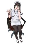  1girl absurdres alternate_costume black_hair black_pantyhose chair commentary_request dress green_eyes hairband hat highres holding_stethoscope kantai_collection long_hair nurse nurse_cap ojipon ooyodo_(kancolle) pantyhose simple_background solo stethoscope toeless_footwear white_background white_dress white_footwear white_headwear 