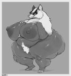 2023 3_toes anthro areola badger bear bearger_(species) big_areola big_breasts breasts claws curvy_figure don&#039;t_starve feet female fur grey_background grey_body hand_on_breast huge_areola huge_breasts huge_hips hybrid klei_entertainment mammal monochrome monster mustelid musteline nipples no_pupils noctoc overweight overweight_anthro overweight_female pubes simple_background solo toe_claws toes tusks voluptuous white_body white_fur