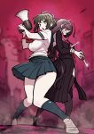  2girls absurdres ahoge black_hair black_shirt brown_eyes brown_hair danganronpa_(series) danganronpa_another_episode:_ultra_despair_girls fukawa_toko highres holding holding_megaphone kakuzatou_(satousatotototo) long_hair long_sleeves looking_at_viewer medium_hair megaphone miniskirt multiple_girls naegi_komaru open_mouth outdoors pleated_skirt red_eyes red_ribbon ribbon shirt short_sleeves skirt smile standing tongue tongue_out white_shirt 