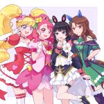  4girls animal_ears black_gloves black_hair black_thighhighs blonde_hair brown_hair cure_grace cure_miracle dress ear_covers elbow_gloves garter_straps gloves green_dress hand_on_own_hip healin&#039;_good_precure highres horse_ears horse_girl horse_tail king_halo_(umamusume) layered_dress looking_at_viewer magical_girl minu multiple_girls nijisanji pink_eyes pink_hair precure puffy_short_sleeves puffy_sleeves purple_eyes short_sleeves simple_background smile tail thigh_strap thighhighs tsukino_mito twintails umamusume v white_gloves 