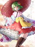  1girl blush boots brown_footwear cross-laced_footwear green_hair hair_between_eyes hakama happy_new_year highres holding holding_umbrella japanese_clothes kazami_yuuka kimono long_sleeves oil-paper_umbrella open_mouth petticoat pink_kimono red_eyes red_hakama shironeko_yuuki short_hair signature smile solo touhou umbrella wide_sleeves 