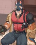  1boy animal_ears another_eidos-r bara barlitz_(another_eidos) belt black_belt black_shirt bulge coat dog_boy dog_ears feet_out_of_frame furry furry_male grey_pants gun highres holster kani_1976 large_pectorals looking_at_viewer male_focus multicolored_fur muscular muscular_male necktie notice_lines open_clothes open_coat pants pectorals red_necktie red_vest shirt short_sleeves shoulder_holster sitting smoking_pipe solo tail thick_arms tight_clothes v-taper vest weapon 