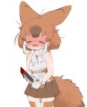  1girl absurdres animal_ears bare_shoulders blood blush bow brown_hair closed_eyes crying dhole_(kemono_friends) dog_ears dog_girl dog_tail extra_ears false_smile fang gloves highres holding holding_knife implied_murder kemono_friends kemono_friends_3 knife multicolored_hair notora open_mouth shirt short_hair skirt sleeveless smile solo tail two-tone_hair white_hair yandere 