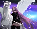 1girl absurdres ass bare_shoulders bell bell_choker breasts bridle bum_hico choker facial_mark fate/stay_night fate_(series) forehead_mark from_below from_side glowing glowing_eyes highres large_breasts long_hair looking_at_viewer pegasus purple_hair red_eyes rider thighhighs thighs very_long_hair white_feathers wings 
