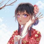  1girl absurdres bare_tree black_hair blue_sky cloud day flower hair_bun hair_flower hair_ornament highres japanese_clothes kimono long_hair megatron_(pixiv16907671) purple_eyes red_kimono sidelocks single_hair_bun sky solo tree yahari_ore_no_seishun_lovecome_wa_machigatteiru. yukinoshita_yukino 