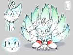 1boy animal_ears animal_nose artist_name close-up closed_mouth english_commentary english_text full_body gloves glowing grey_background highres looking_at_viewer multiple_tails nic_kenten nine_(sonic) red_footwear solo tail tails_(sonic) white_gloves 