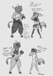 anthro asinus breasts canid canine dialogue donkey duo english_text equid equine female fox gaming genitals greyscale hi_res knife mammal melee_weapon monochrome multi_breast playing_videogame pussy sword text toby_art vr_headset weapon