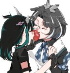  2girls absurdres apple black_gloves black_hair blue_bow blue_bowtie blue_hair bow bowtie broken_horn closed_eyes commentary_request demon_girl demon_horns eye_hair_ornament fang food fruit glasses gloves grey_hair grey_horns grey_wings hand_on_another&#039;s_chin highres holding_hands horns medium_hair multicolored_hair multiple_girls nanashi_inc. one_side_up open_mouth oura_rukako oura_rukako_(1st_costume) panyatteria parted_bangs pointy_ears polka_dot_bowtie red_apple rimless_eyewear round_eyewear shared_food shishio_chris shishio_chris_(3rd_costume) short_hair short_sleeves simple_background streaked_hair two-tone_hair upper_body vest virtual_youtuber white_background white_hair white_vest wings yuri 