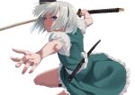  1girl absurdres bob_cut closed_mouth commentary cowboy_shot eyelashes fighting_stance floating_hair foreshortening frilled_skirt frills green_skirt green_vest grey_hair highres holding holding_sword holding_weapon katana knee_up konpaku_youmu looking_at_viewer outstretched_arm puffy_short_sleeves puffy_sleeves serious sheath shirt short_hair short_sleeves simple_background skirt solo sword touhou tsurime v-shaped_eyebrows vest weapon white_background white_shirt yuri_kowashi_(tetsukabuto_nuranura) 