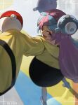  1girl :d absurdres battery_indicator blurry bow-shaped_hair character_hair_ornament commentary_request depth_of_field green_hair hair_ornament highres iono_(pokemon) iroiro_yaru_hito jacket legs_apart looking_back multicolored_hair open_mouth pink_hair poke_ball poke_ball_(basic) pokemon pokemon_sv sleeves_past_fingers sleeves_past_wrists smile solo standing teeth tongue two-tone_hair viewfinder yellow_jacket 