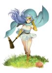  1girl bangs blue_hair breasts cape circlet dragon_quest dragon_quest_iii dress elbow_gloves full_body gloves highres large_breasts long_hair panties red_eyes sage_(dq3) side-tie_panties solo strapless strapless_dress twinpoo underwear wind yellow_gloves 
