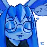 anthro clothing eeveelution eyes_closed eyewear generation_4_pokemon glaceon glasses hi_res hoodie male nintendo open_mouth pokemon pokemon_(species) portrait simple_background sleeping solo sound_effects speech_bubble tired topwear vowelless vowelless_sound_effect zzz