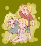  1girl 2boys alphonse_elric annoyed arm_at_side arm_up baby barefoot blonde_hair blue_eyes blush blush_stickers breast_pocket clenched_hands closed_mouth collared_shirt commentary_request dot_nose dress edward_elric eyebrows_visible_through_hair eyelashes frown full_body fullmetal_alchemist green_background green_dress hand_on_own_face hands_up happy hoshino_hitsuki knee_blush leaning leaning_forward looking_at_another lowres multiple_boys nose_blush on_floor open_mouth pocket polka_dot polka_dot_background shiny shiny_hair shirt short_hair short_sleeves shorts simple_background sitting sleeveless sleeveless_dress smile tareme two-tone_background winry_rockbell yellow_background yellow_eyes younger 