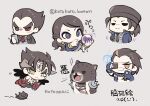  1girl 5boys :&lt; :3 armor_king black_coat black_eyes black_headwear black_necktie black_wings blue_eyes blue_gloves cat cellphone chain chest_tattoo chibi coat crystal_ball dangle_earrings devil_jin earrings eyepatch eyeshadow fangs fingerless_gloves forehead_jewel gloves grey_horns grey_jacket grey_shirt hair_slicked_back heterochromia holding holding_crystal holding_phone horns hwoarang_(tekken) jacket jaguar_boy jewelry kazama_jin kotorai makeup mishima_kazuya multicolored_hair multiple_boys necktie phone purple_eyeshadow red_eyes red_necktie scar scar_on_cheek scar_on_face scar_on_mouth sergei_dragunov shirt signature smartphone streaked_hair tattoo tekken thick_eyebrows translation_request twitter_username v-shaped_eyebrows wings zafina_(tekken) 