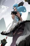  1girl :d arm_behind_back ass black_bow black_gloves black_pantyhose bow cloud dress feet_out_of_frame from_below gloves green_hair grey_dress grey_sky gwen_(league_of_legends) hair_bow holding holding_scissors hua_zhong_yu league_of_legends long_hair looking_at_viewer mountain outdoors pantyhose scissors sky smile solo torn_clothes torn_pantyhose 