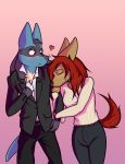  &lt;3 _fur amazinky anthro black_nose blush brown_body brown_fur candide_(amazinky) canid canine canis classy clothed clothing cuddling domestic_dog duo ears_back ears_up eyes_closed female fur grey_body grey_fur hair happy hi_res hug hugging_arm larger_male love lucario male male/female mammal nintendo pivoted_ears pok&eacute;mon pok&eacute;mon_(species) raised_tail red_hair romantic_couple shy size_difference smaller_female smile spread_legs spreading standing surprise tail_down video_games wolf yellow_body yellow_fur 