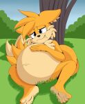 absurd_res anthro barefoot belly big_belly blue_eyes canid canine ears_down feet fingers fox foxkai fur grass hand_on_stomach hi_res male mammal miles_prower pivoted_ears plant sega sitting sky solo sonic_the_hedgehog_(series) tan_body tan_fur toes tree vore yellow_body yellow_fur