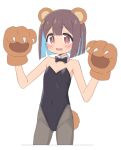  1girl :d animal_ears animal_hands bare_arms bare_shoulders bear_ears bear_tail black_bow black_bowtie black_leotard blue_hair blunt_bangs blunt_ends blush bow bowtie brown_eyes brown_hair claws commentary covered_navel cowboy_shot cropped_legs detached_collar dot_nose fang fishnet_pantyhose fishnets flat_chest gloves hands_up highleg highleg_leotard hozuki_momiji leotard looking_at_viewer nontraditional_playboy_bunny onii-chan_wa_oshimai! open_mouth pantyhose paw_gloves paw_pose rundraw short_hair simple_background smile solo strapless strapless_leotard symbol-only_commentary tail white_background 